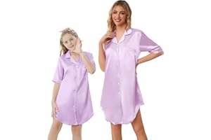 Schbbbta Girls & Women Silk Nightgown, Short Sleeve Button Down Satin Nightshirt Pajama House Dress, 3 Years- Women 2XL