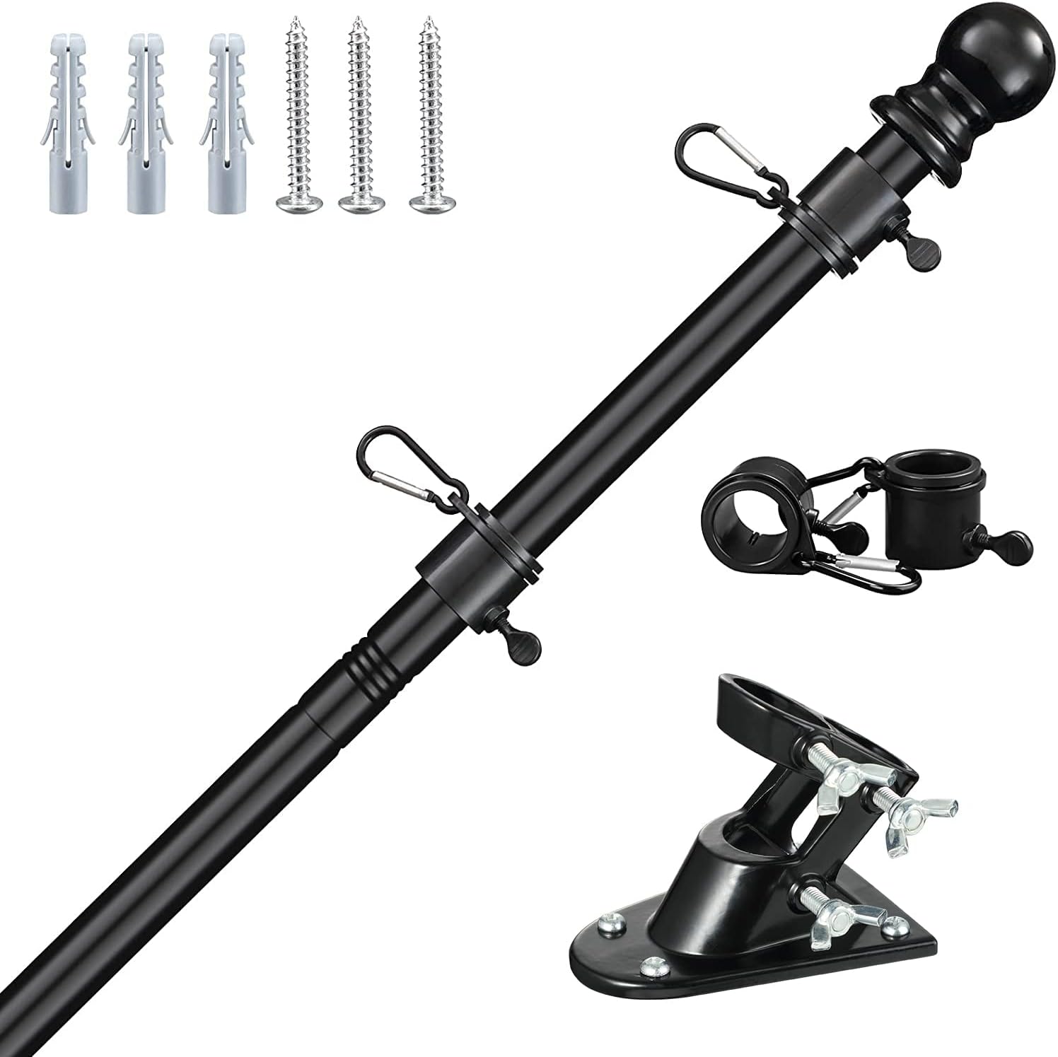 Flagpole Hardware - Flag Poles for Outside House, 5FT Flagpole Kit for American Flag - Professional Metal Flag Poles for Garden Yard - Residential or Commercial Flag Pole with Two-Position Bracket Holders Black