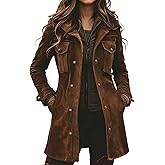 Rianclud Faux Suede Jacket Women Brown Retro Faux Leather Jackets Military Utility Safari Jacket Shackets Long Coats Outwear