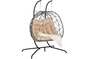 ROCKINGRUN Double Swing Egg Chair with Stand for 2 Person, Indoor/Outdoor Oversized Wicker Rattan Hammock Chair, Basket Hanging Chair with Cushion, 600 lbs Capacity, for Patio Bedroom Garden Balcony, Khaki