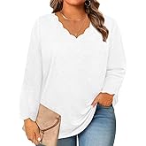Beautife Womens Plus Size Long Sleeve T-Shirts Trendy Casual Scallop Trim V Neck Tunic Tops Curvy Loose Fit Fall Blouse Tees