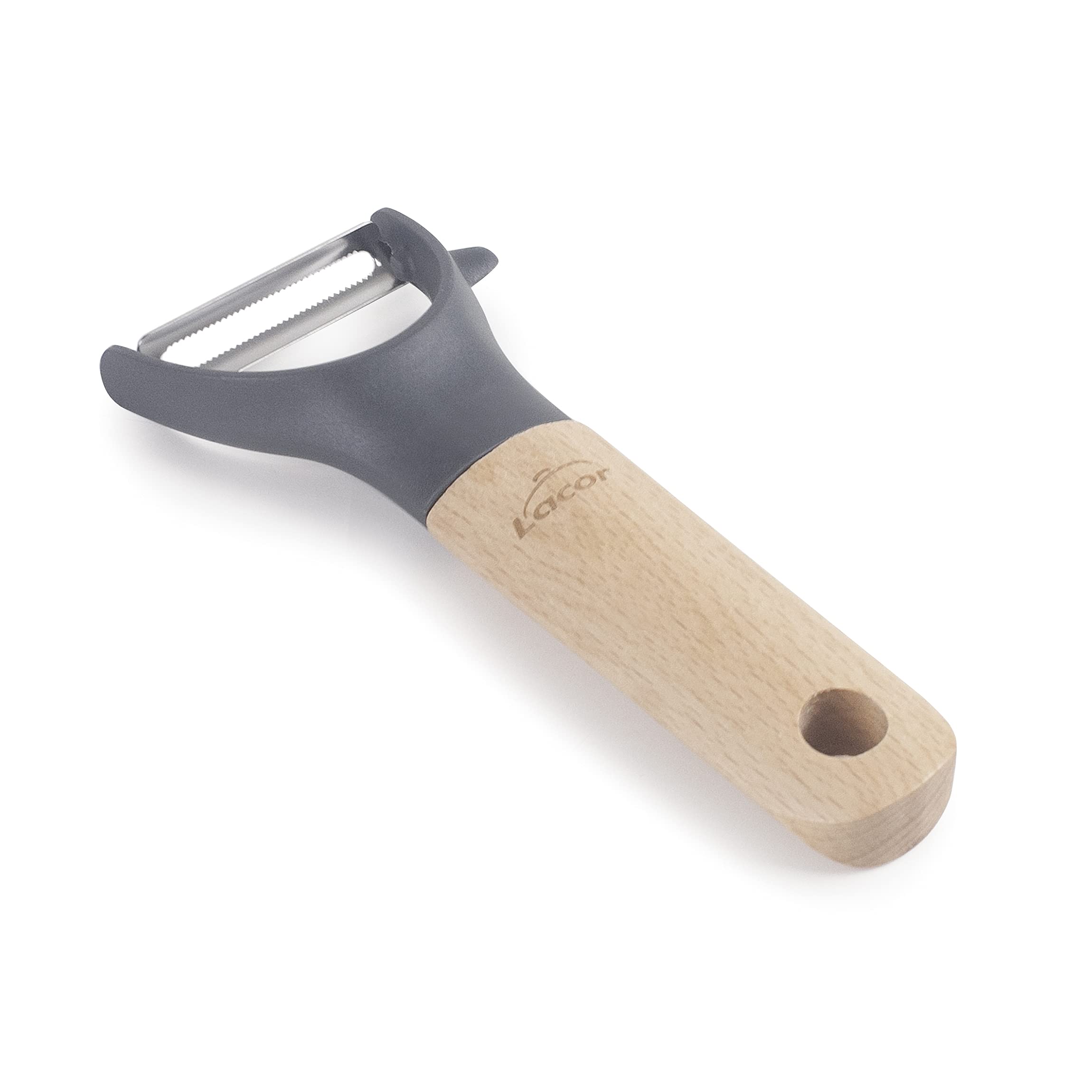 Lacor 68198 Potato Peeler, Fruit and Vegetable, Beech Wood Handle, Stainless Steel Toothed Blade, Polypropylene and Fiberglass Head, BPA Free, 14 cm, Grey