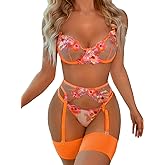 Kaei&Shi Floral Embroidered Garter Belt Set,Sheer Lingerie Sets for Women Sexy,Wedding Night Valentines Boudoir Outfits