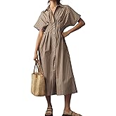 Quzzion Women Striped Button Down Shirt Maxi Dress Summer Short Sleeve Collar A Line Casual Long Pleated Blouse Dresses