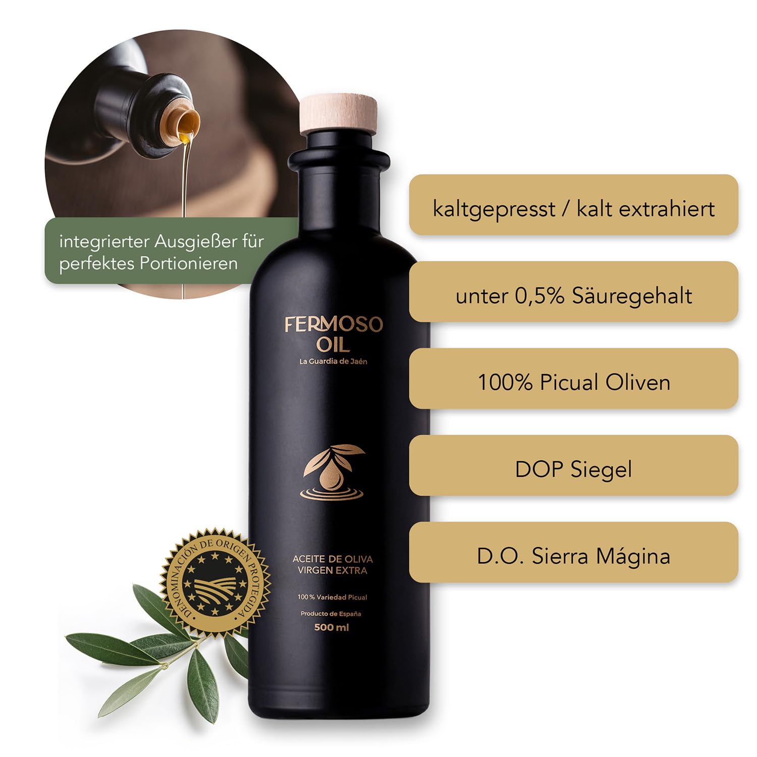FERMOSO Olivenöl - Natives Olivenöl Extra (500ml) - 100 Prozent Picual-Oliven, kaltgepresst, polyphenolreich, DOP Sierra Mágina aus Spanien, Andalusien 2
