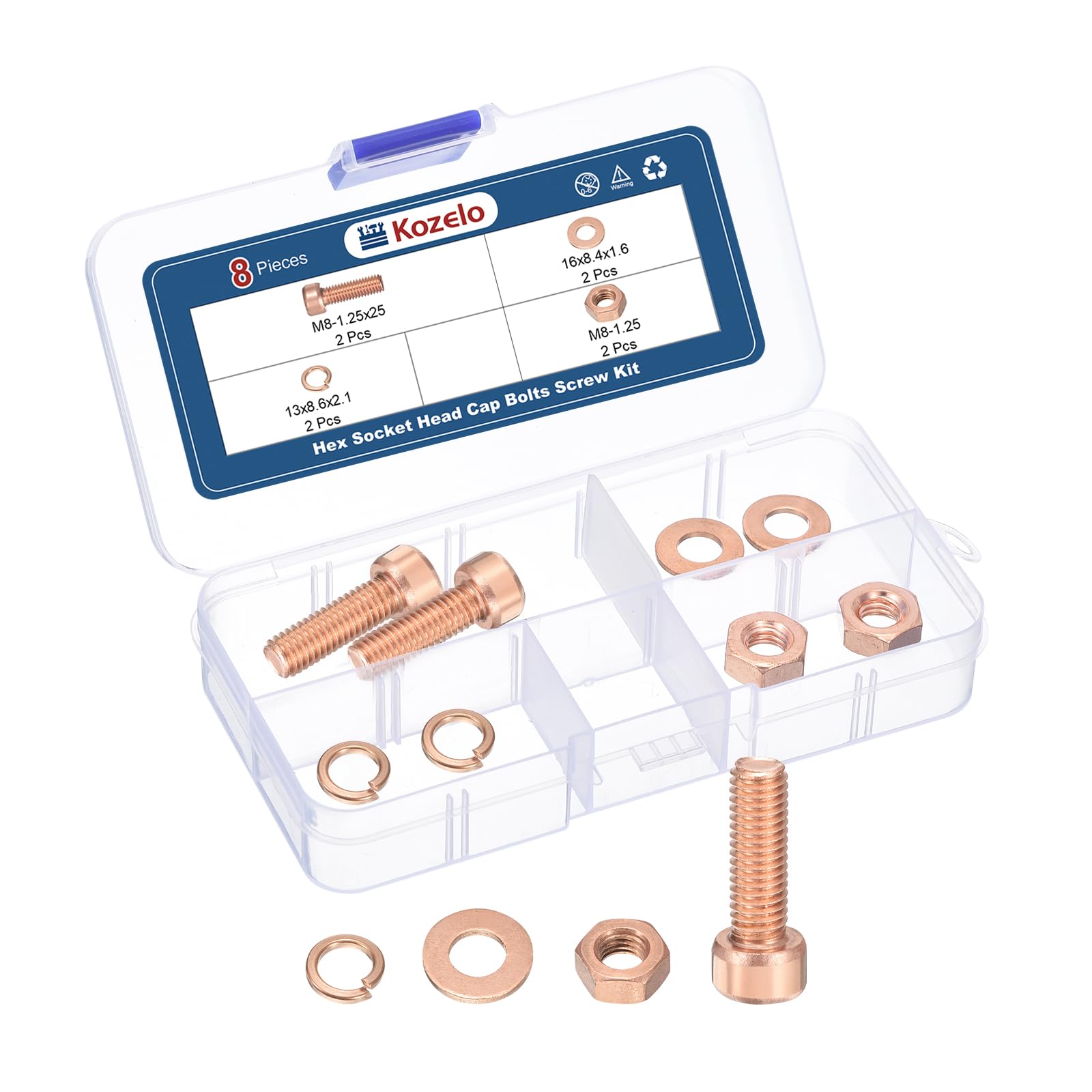 Kozelo 8pcs M8 Socket Head Cap Screws Bolts Nuts Assortment Kit - [M8-1.25x25mm] Red Copper Fully Threaded Hex Screw for 3D Printer Use