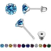 Round Cubic Zirconia Stud Earrings for Women Girls, 4mm Birthstone Stud Earrings Hypoallergenic Flat Back Stud Earrings Stainless Steel Cartilage Earrings Brilliant Handmade Screw Back Earrings