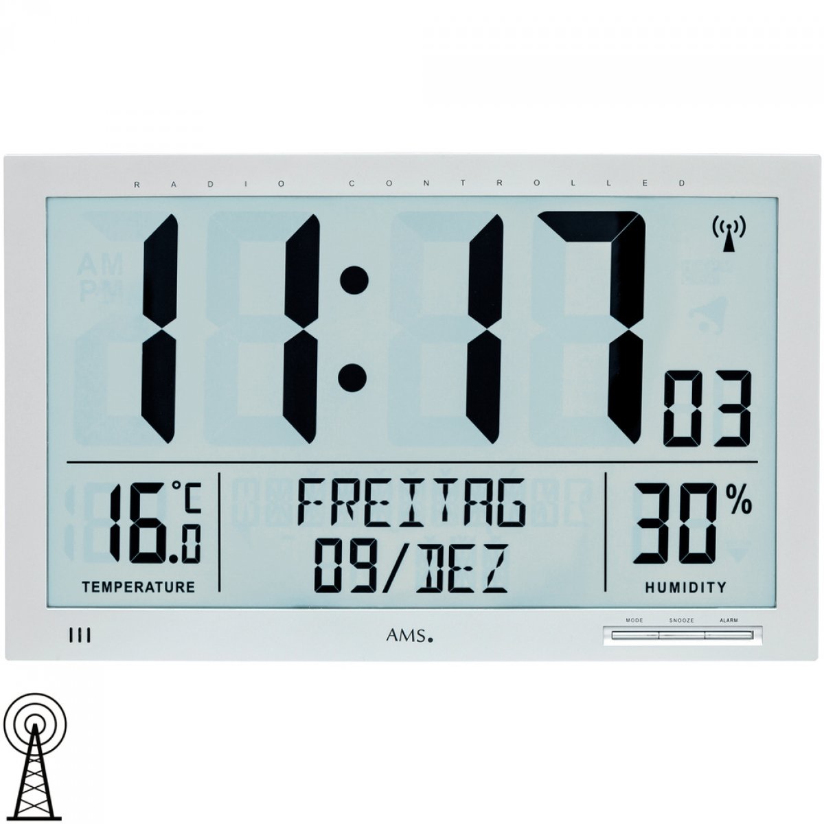 AMS 5888 Wall Clock, Plastic, Silver, 23 x 37 cm