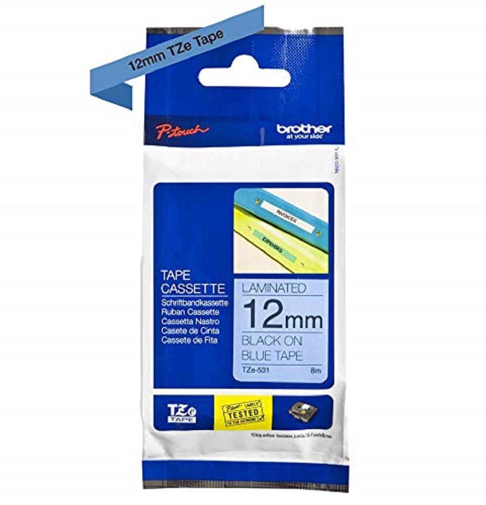Brother TZe-531 Labelling Tape Cassette, 12 mm (W) x 8 m (L), Laminated, Brother Genuine Supplies - Black on Blue