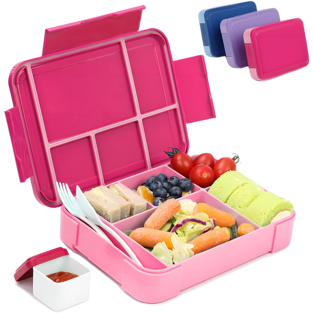 Bugucat Bento Lunch Box 1330ML,kids Lunch Box Bento Boxes with 6 Compartments Cutlery,Leak Proof Lunchbox Snack Boxes for Kids Adult,Kids Lunch Box with Compartments for School Kindergarten Pink