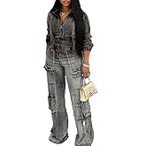 Molilove Women's Two Piece Denim Outfits Long Sleeve Cropped Jean Jacket Cargo Pants with Pockets Y2K Tracksuit Set