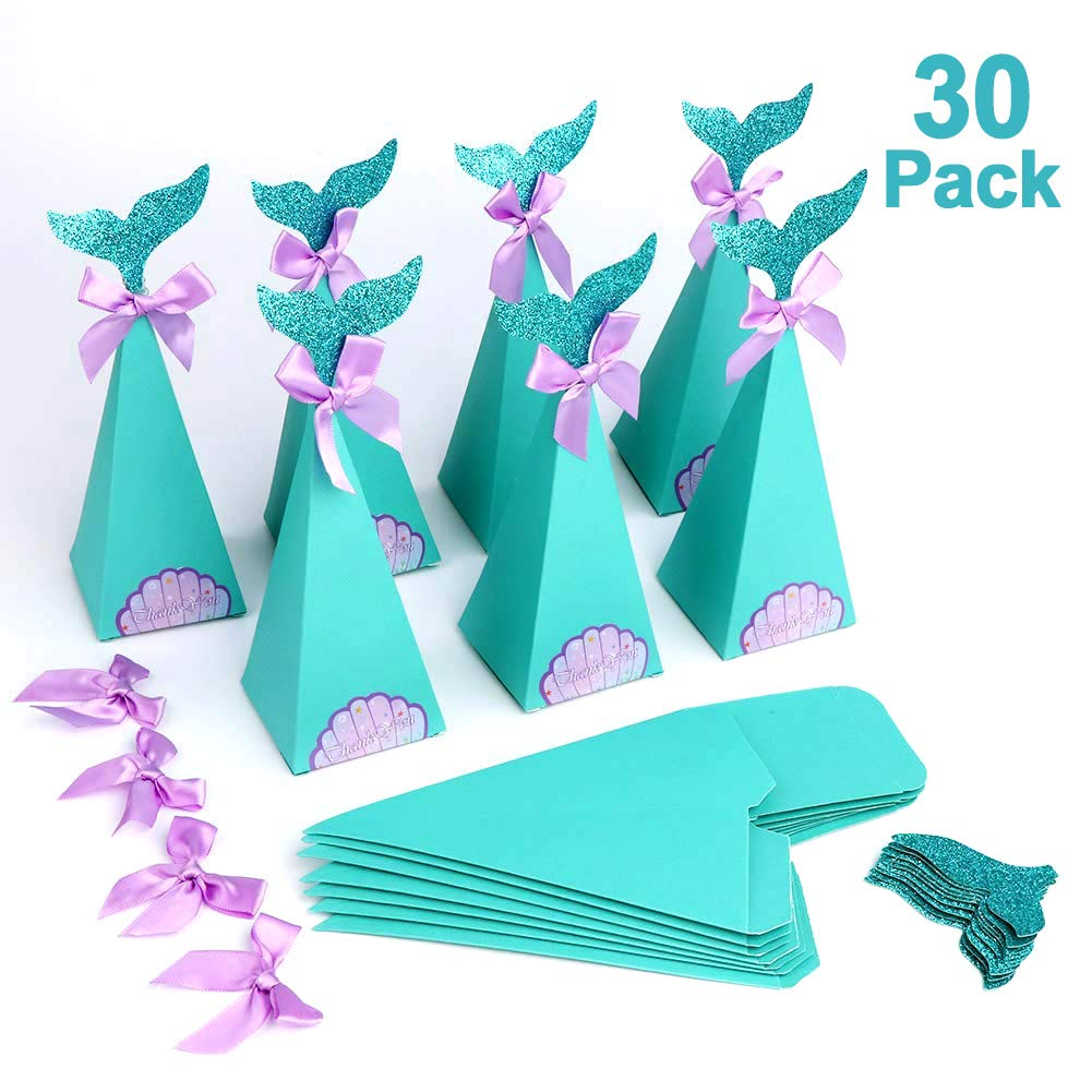 HOWAF 30 Pack Mermaid Party Boxes for Kids Girl Party Supplies Decorations Favour Mermaid Party Birthday Baby Shower, with Mermaids Boxes Tails Bows Stickers Glue Dots, Filling Gifts Candy Toys