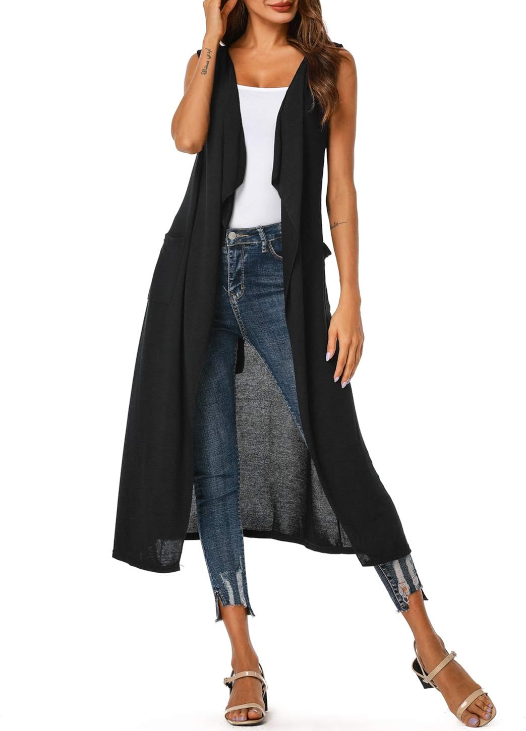 UUANG Women's Sleeveless Open Front Drape Long Cardigan Duster Vest