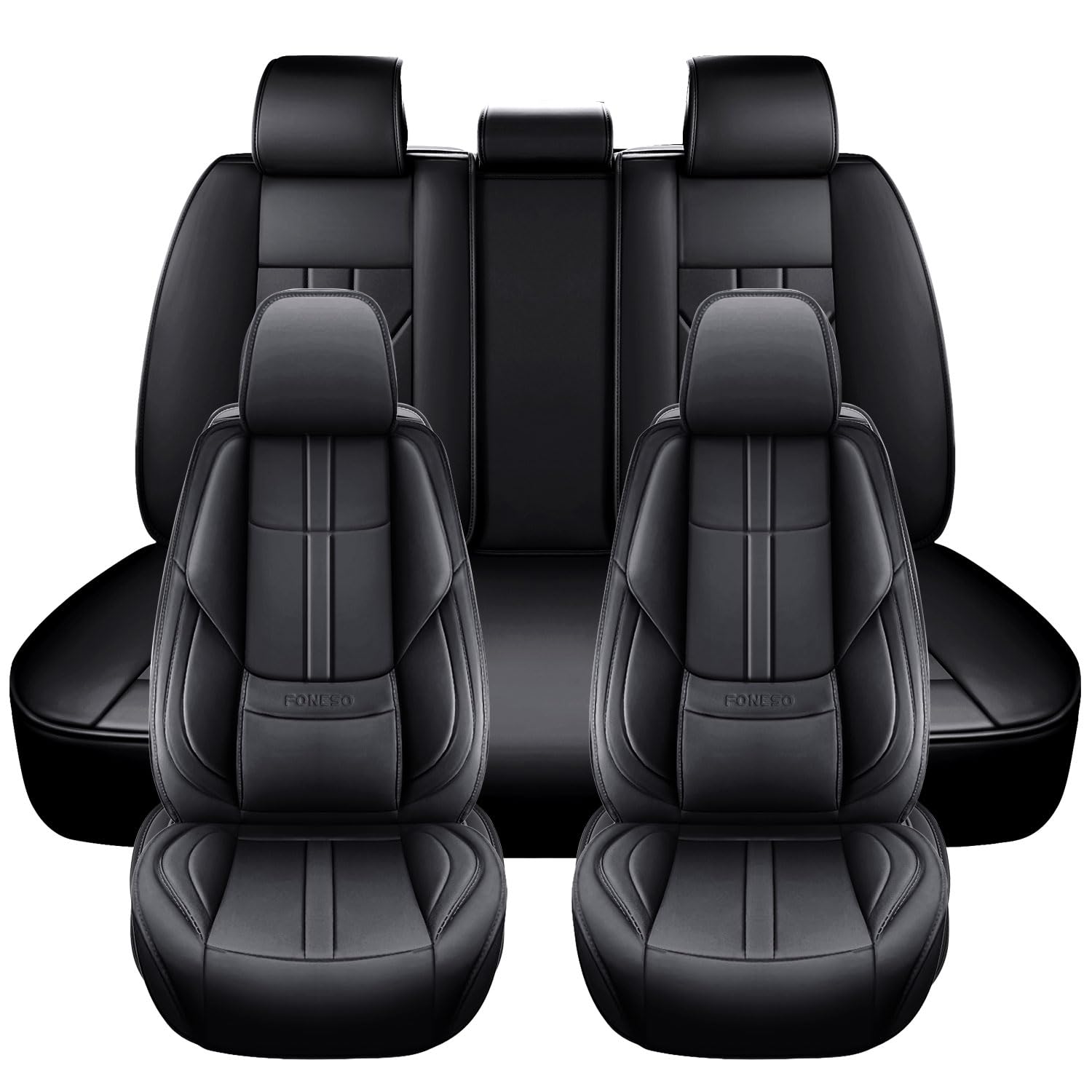 Foneso Universal Car Seat Covers 5 Seats, Nappa Leather Automotive Seat Covers Non-Slip Vehicle Accessories, Waterproof Seat Protector Fit for Sedan, Airbag Compatible,Back Support (Black, Full Set)