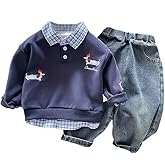 YIKIURL Baby Boys Outfit Set Sweatshirt Plaid Collar hoodies Jeans Pants 2-Piece Casual Clothes Sets