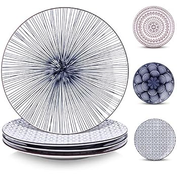 Y YHY 10 Inches Porcelain Dinner Plates, Large Serving Plate Set, Assorted Blue White Patterns, Set of 4