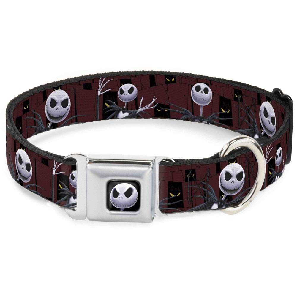 Buckle-Down Seatbelt Buckle Dog Collar - Nightmare Before Christmas 3-Jack Poses/Peeping Eyes Burgundy/Black/Yellow - 1.5" Wide - Fits 18-32" Neck - Large