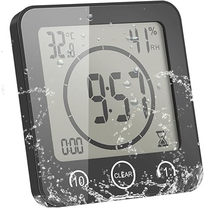 ALLOMN Digital Bathroom Shower Clock Waterproof Temp Humidity Countdown Black