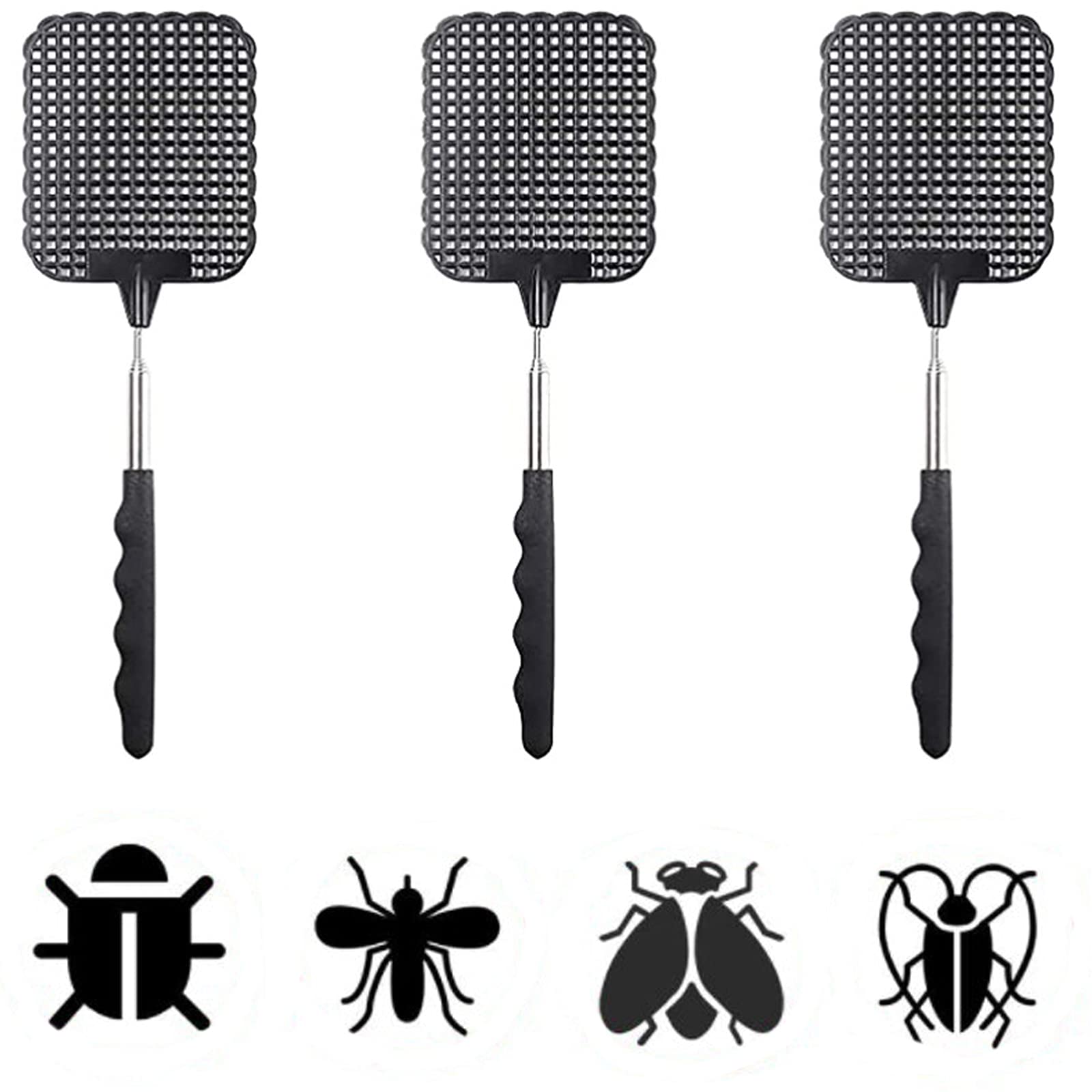 Fly Swatter Retractable Stainless Steel Rod Tie Rod Length 26 cm Extendable to 72 cm Plastic Square Head Easy to Clean PVC Handle Non-Slip Design for Fly Protection Mosquito Pest Control