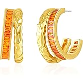 Secroma Double Hoop Earrings for Women Trendy, Hammered 18K Gold Plated Hypoallergenic Green Black Orange Statement CZ Earrings Jewelry Gifts for Women
