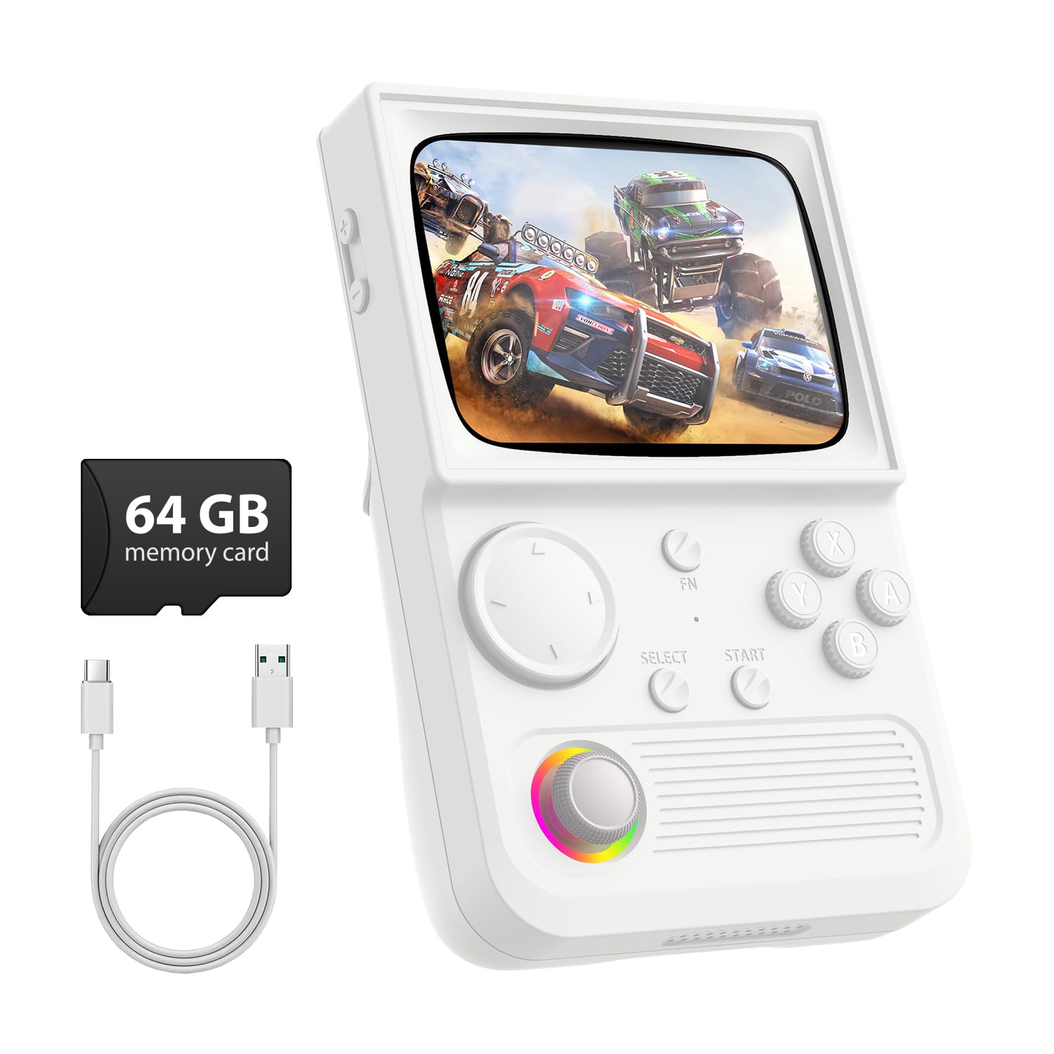 R36T Retro Gaming Console, 3.5'' IPS Screen CRT-Inspired, Handheld Game Console with 18000+ Classic Games, 3500mAh Battery, Supports Multiple Mainstream Emulators, WiFi Network Battling, 64GB (White)