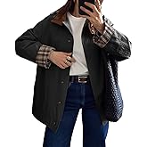 Tankaneo Womens Trench Coat Oversized Fall Barn Jacket Leather Collar Plaid Color Block Windproof Overcoat