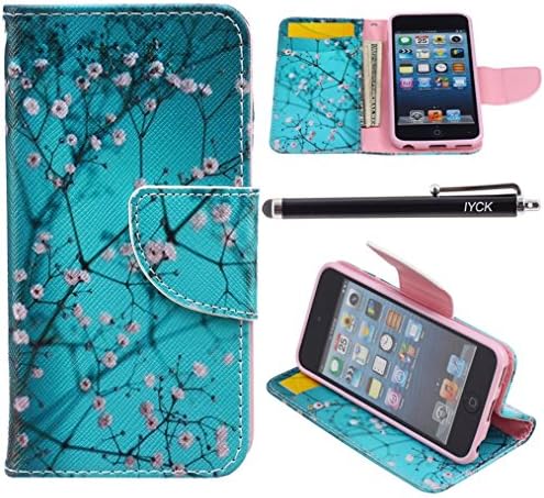 iPod Touch 5 Case, i Touch 6 Case Wallet, iYCK Premium PU Leather Flip Folio Carrying Magnetic Closure Protective Shell Wallet Case Cover for iPod Touch 5/6 with Kickstand Stand - Plum Blossom