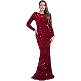 Velvet Stretch Sequin Formal Dress Long Sleeve Boat Neck Maxi Gown