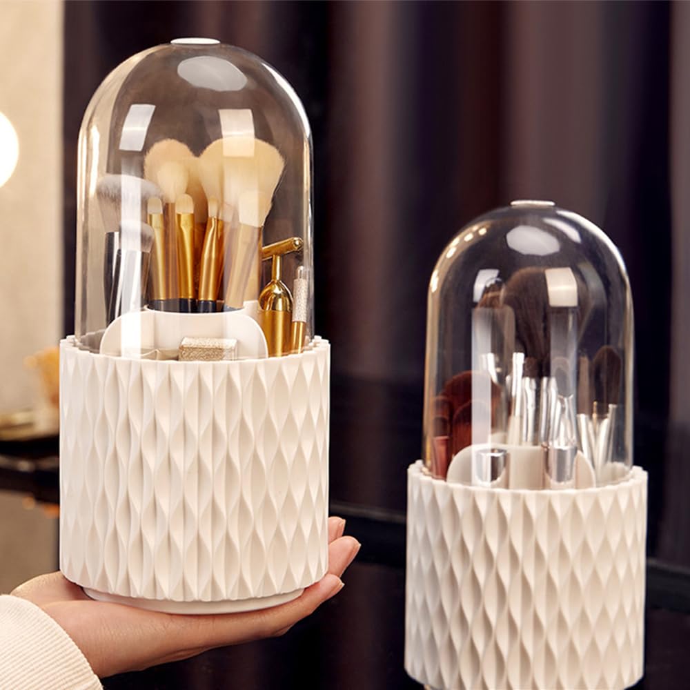 STARRY G Makeup Brush Storage Case with Transparent Cover, 360° Rotating Makeup Brush Holder Box, Cosmetic Organiser Bucket, Multifunctional Desktop Storage Box for Eyeliner, Lipstick, Eyebrow Pencil