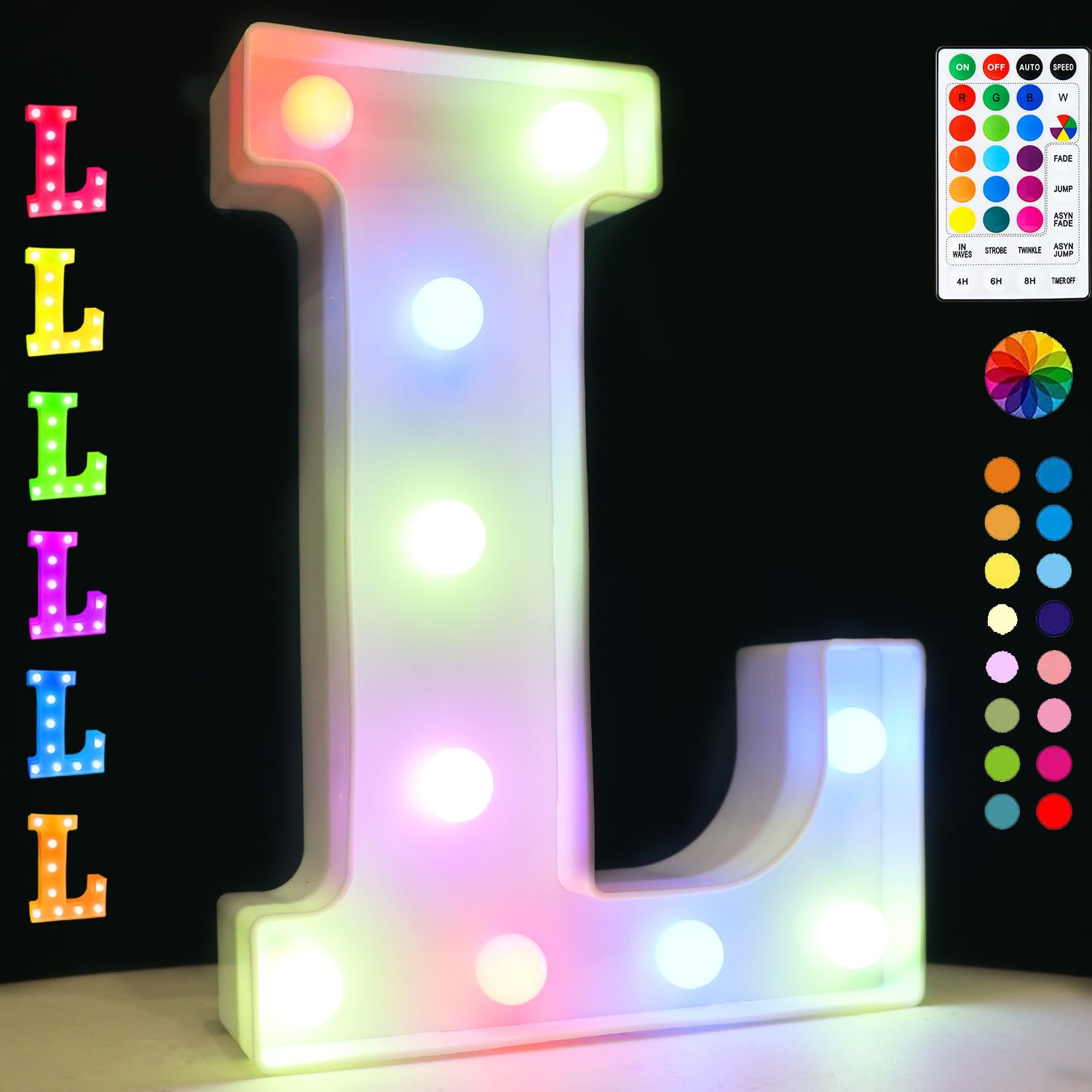 Light Up Colorful LED Marquee Letter Lights, 18 Colors Changing Alphabet Letters Sign with Remote Timer for Night Light Wedding Birthday Party Lamp Christmas Home Bar Decor- Colorful L