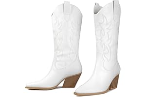 Mostrin Cowgirl Cowboy Boots Square Toe Mid-Calf Boot Chunky Block Heeled Pull On Western Boot