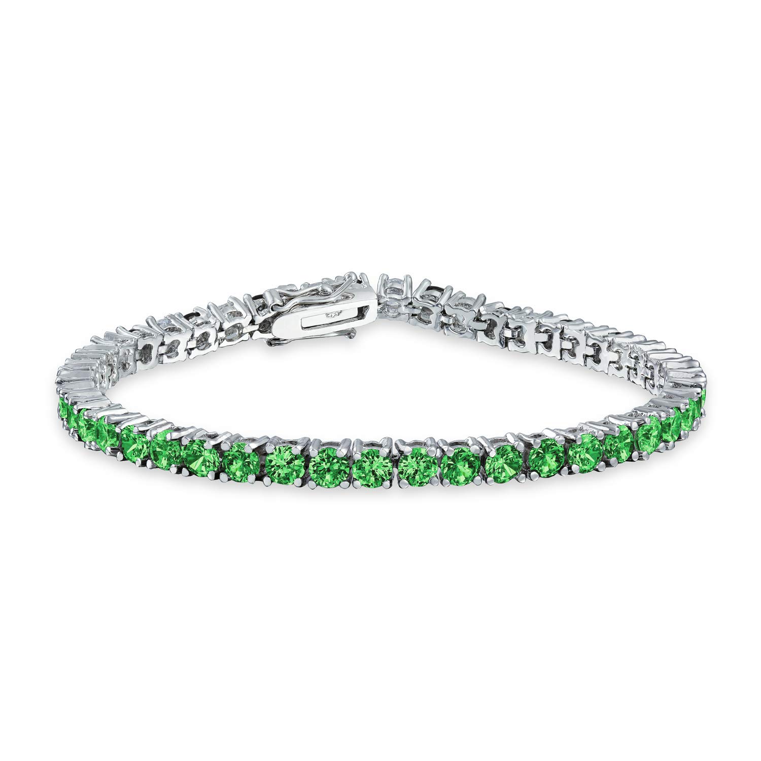 Bling Jewelry 12 CTW Prong Basket Set Solitaire Round Cubic Zirconia Simulated Emerald Green AAA CZ Tennis Bracelet For Women Prom Bride Silver Plated — image 1