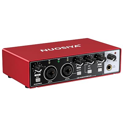 NUOSIYA USB Audio Interface for PC Computer Recording Music, Red Guitar Audio Interface for Mac 24Bit/192kHz Podcasting Streaming for Vocalist Producer with 48V Phantom Power
