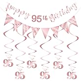 BRT Bearingshui Happy 95th Birthday Triangle Flag Banner Bunting Swirls Streamers Decoration Kit for Birthday Party Decorations Supplies Rose Gold 95th