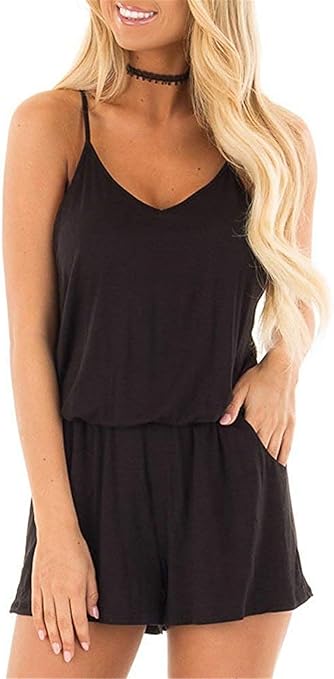 coscoach Womens Summer Loose V Neck Spaghetti Strap Short Jumpsuit Rompers with Pockets (Small, Black)