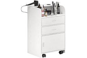 4EVER2BUY Beauty Salon Station, Rolling Beauty Station for Hair Stylist, Hair Salon Station Storage Cabinet with Wheels, Salon Table with 2 Drawers, Stylist Storage Cabinet with 2 Hair Dryer Holders (White)
