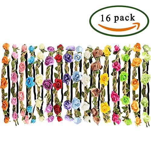 ManYee 16 Pack Multicolor Flower Headband Rose Paper Floral Crown Garland Headband with Elastic Band for Wedding Party Women Girls Kids Hair Wreath - Thumbnail 7