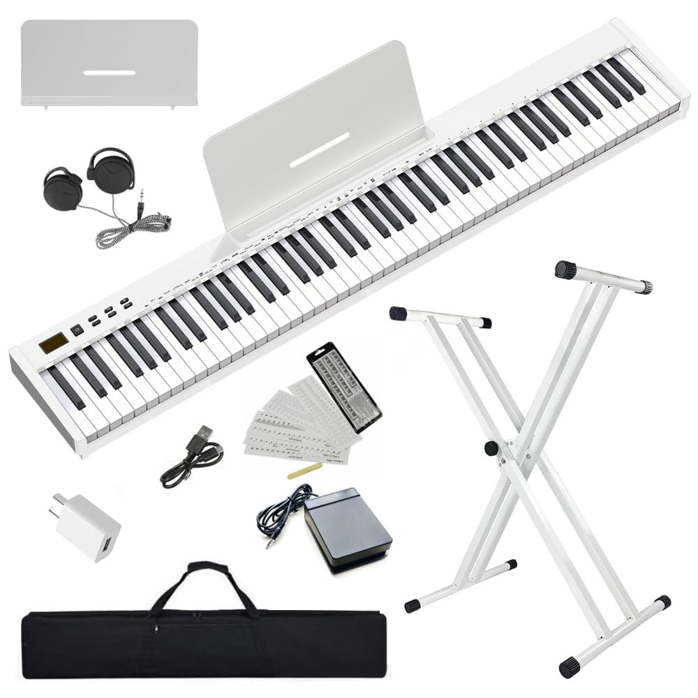 【ピアノスタンドセット】ニコマク NikoMaku 電子ピアノ 88鍵盤 SWAN-S 日本語表記 MIDI対応 コンパクト 軽量 スリムデザイン 充電型 初心者 スタンド ソフトケース ペダル 練習用イヤホン 鍵盤シール 日本語説明書付き 白商品画像