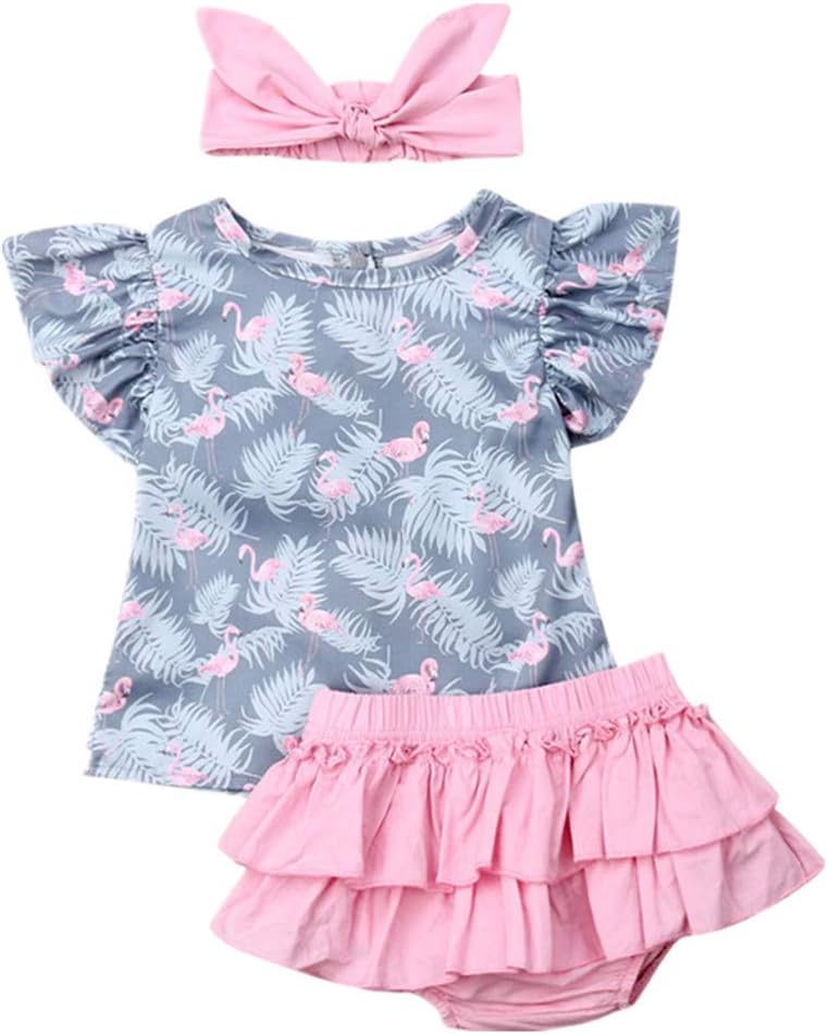 Infant Newborn Baby Girl Flamingo Skirt Outfits Set Kids Ruffle T-Shirt Tops Party Tutu Skirts with Headband