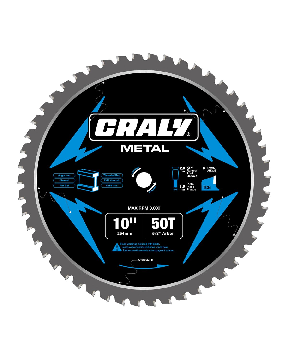 Photo 1 of CRALY 10 Inch 50 Teeth Steel and Ferrous Metal Cutting Circular Saw Blade, 5/8 Inch Arbor, Thin Kerf, Professional Carbide Tipped Blade for Angle Iron, Threaded Rod, EMT Conduit(C1050MC)