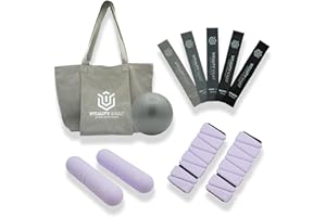 Vitality Vault Pilates Pro Power Pack - Workout Essentials - 2.2lb Hand Weights, 2.2lb Ankle Weights/Wrist Weights, Resistance bands, Pilates Ball, Canvas Tote Bag - For Beginners or Advanced - Home or Gym/Studio Use.
