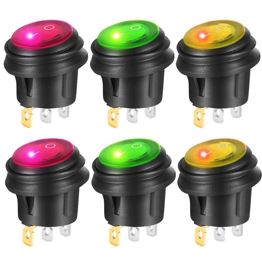 Gebildet 6pcs 12V-24VDC/20A Waterproof Round Rocker Toggle Switch with LED Indicator, 3 Pin SPST ON-OFF Triangle Plug Switch for Car Truck Motorcycle Boat Marine (Red Yellow Green)