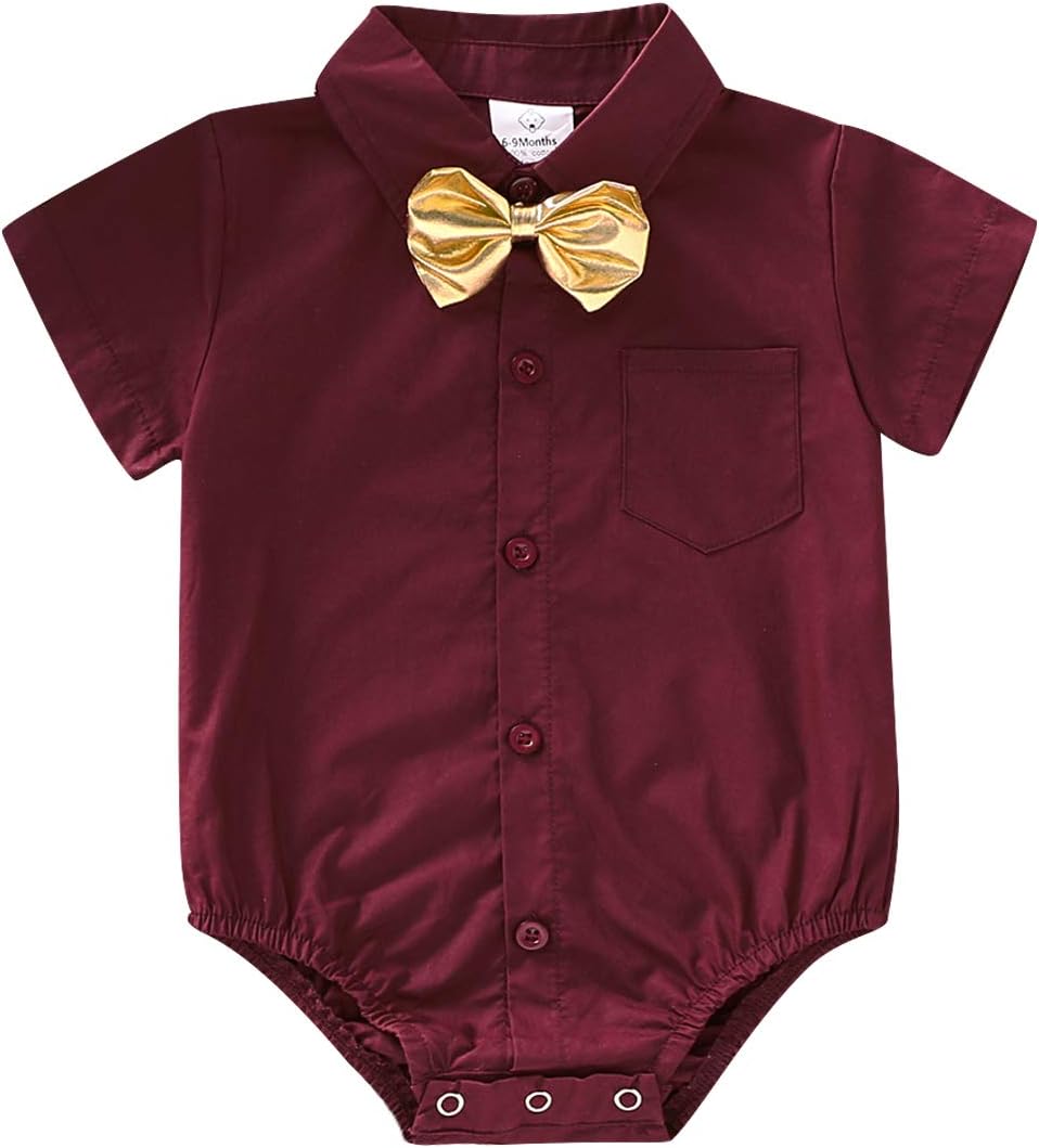 Infant Baby Boys Dress Shirt Bodysuit Formal Short Long Sleeve Rompers for Wedding Party