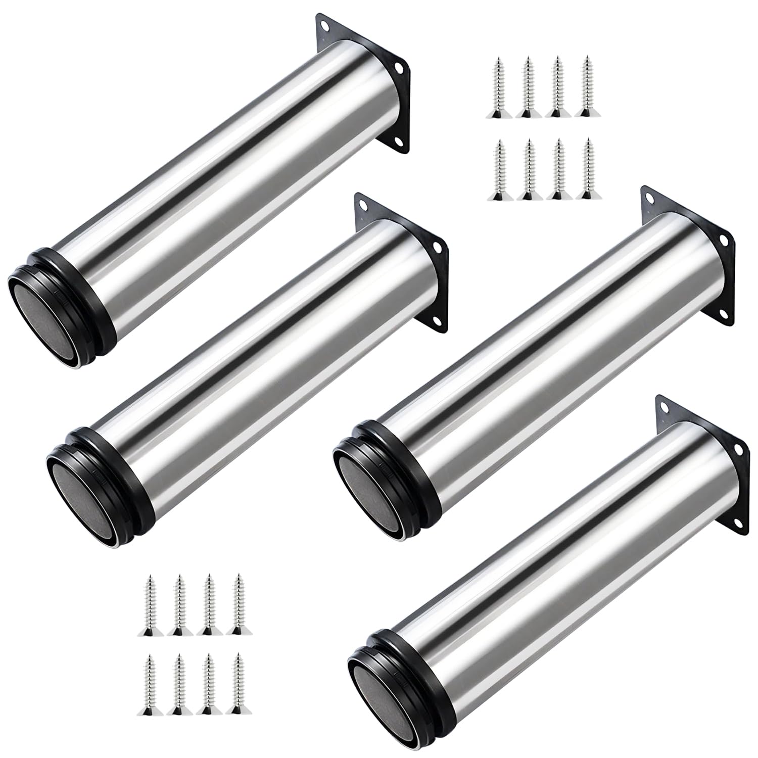 Qrity 4x Adjustable Furniture Legs, Total 250-265mm Cabinet & Table Feet, Silver Chrome Finish, Heavy Duty Metal Legs for Kitchen, Bedroom, Office