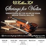 Violin strings set 3/4, 4/4, Full Set beginner violin strings with solid steel violin E String, Ball-End, Medium Gauge, [violin strings 3/4 and violin strings 4/4 is the same size]