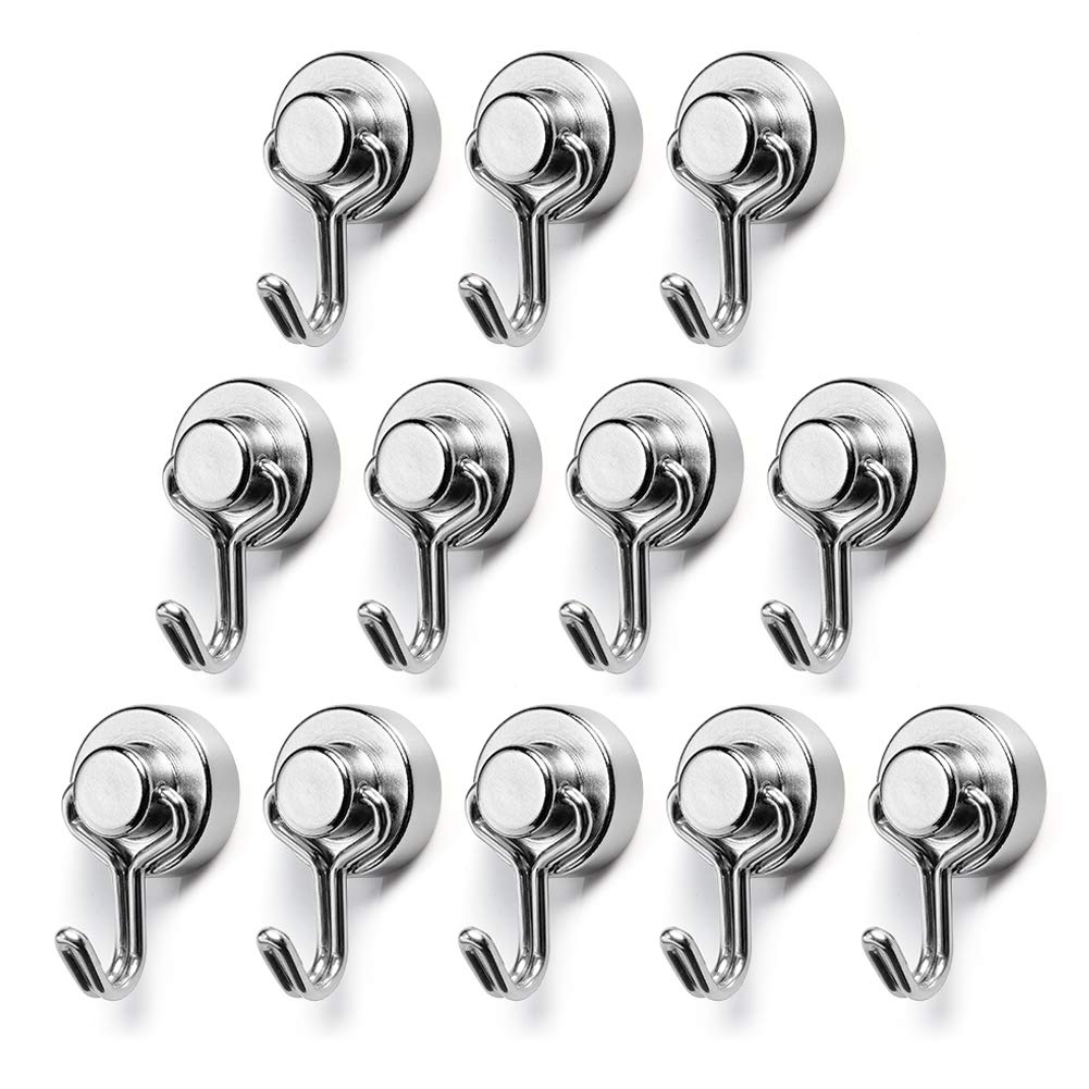 BTLIN Mini Magnetic Hooks, Strong Neodymium Magnet with Hook, Heavy Duty Small Metal Hanging Hook Max Load 18 lbs for Kitchen Fridge Grill Office 12 Pack