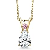 Gem Stone King 14K Yellow Gold White Created Sapphire and Pink Lab Grown Diamond Pendant Necklace for Women | 1.02 Cttw | Gemstone September Birthstone | Pear Shape 7X5MM | With 18 Inch Chain