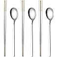 Reusable Korean Chopstick and Spoon Set, Long Handle Stainless Steel Soup Spoon and Chopsticks, Dishwasher Safe, Set of 3. (Silver)