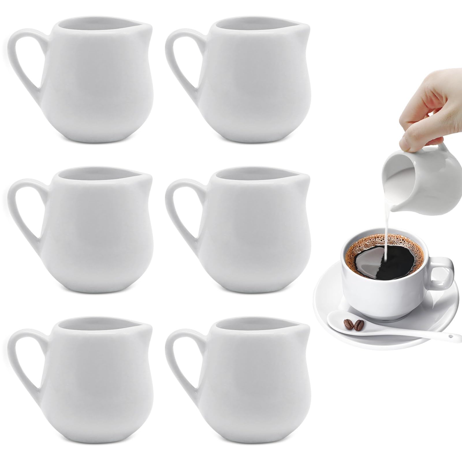 ICEBLUEOR Set of 6 Small Milk Jugs,110ml White Ceramic Milk Jug with Handle,Gravy Jug,Milk Pots,Mini Milk Creamer Pitcher, Non-Drip Milk Pouring Jug for Milk Coffee, Suitable for Kitchen Office Café