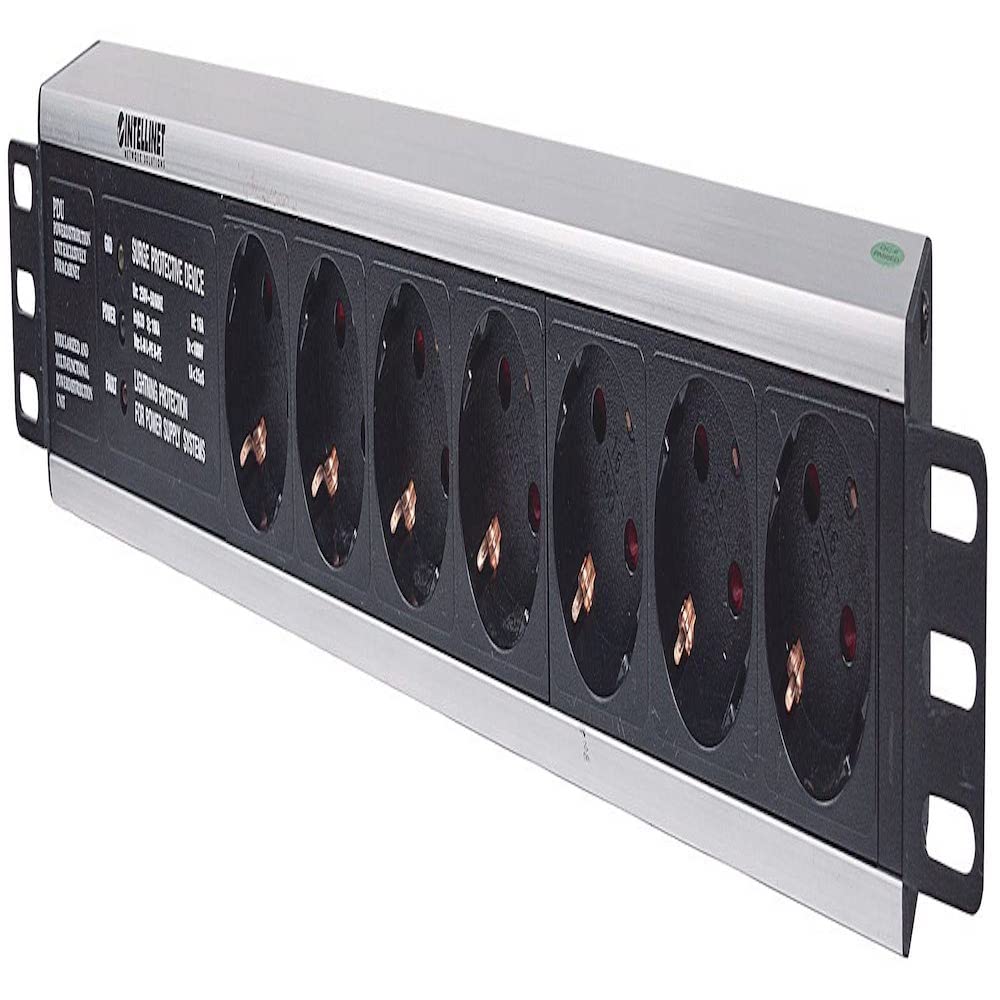 Intellinet 714006 19" 1.5U Rackmount 7-Output Power Distribution Unit (PDU), With Surge Protection, 3 m (10 ft.) Power Cord - German Type